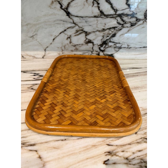 Vintage 1980s Miami Beach antique market find, wood, bamboo and straw tray.