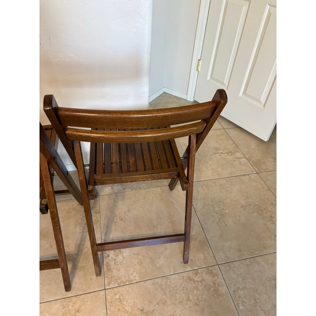 Brown A Pair of Vintage Mid-Century Wooden Slatted Folding Chairs For Sale - Image 8 of 12