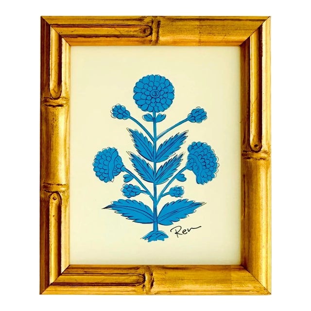 Hand-Painted Jaipuri Lapis Blue Floral Motif Painting. Framed For Sale