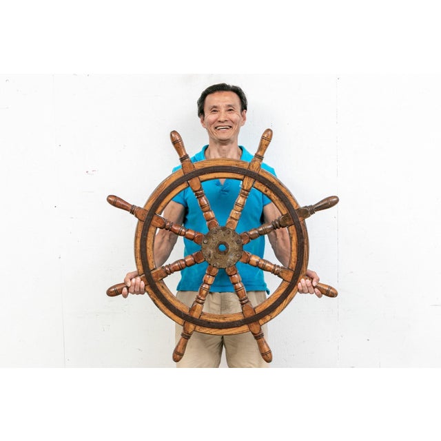 Nautical Antique Iron Clad Mahogany Ship’s Wheel For Sale - Image 3 of 8