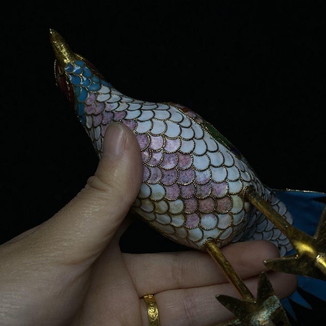 Metal Pair of Cloisonne Enamel Pheasant Figures – 7.7" Golden Bird Sculptures on Stands For Sale - Image 7 of 9