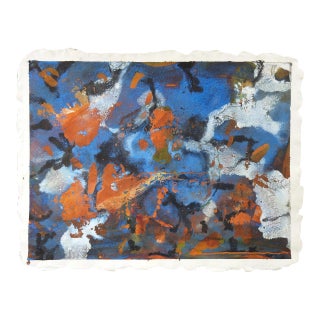 Vintage Abstract Blue & Orange Gouache Painting For Sale