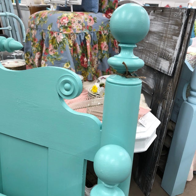 Shabby Chic Antique Mint Cannonball Rope Full Headboard and Footboard - 2 Pieces For Sale - Image 3 of 11