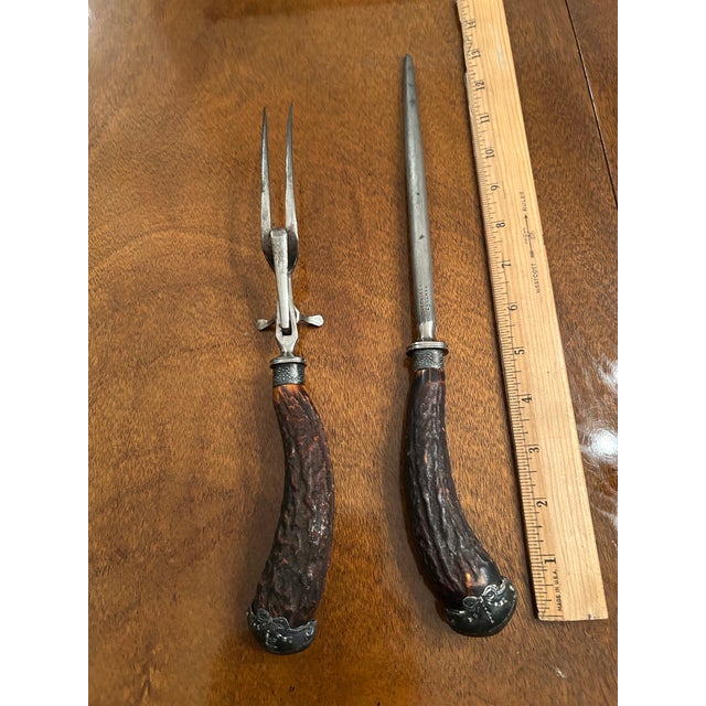 Victorian Vintage Stag Sheffield Carving Fork and Knife Sharpener For Sale - Image 3 of 5