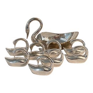 Silver Plated Swan Candy Dish and 8 Swan Napkin Rings- Set of 9 For Sale