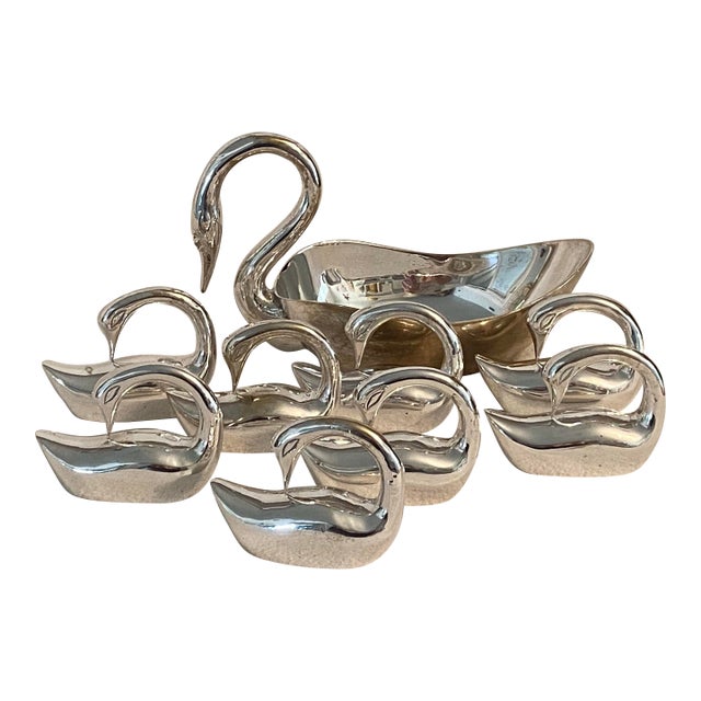 Silver Plated Swan Candy Dish and 8 Swan Napkin Rings- Set of 9 For Sale