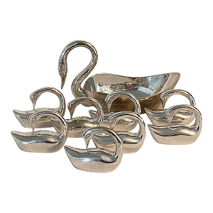 Silver Plated Swan Candy Dish and 8 Swan Napkin Rings- Set of 9