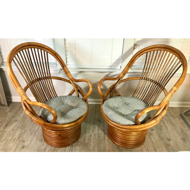 Wood Vintage Paul Frankl Style Bamboo Rattan Swivel Chairs - Set of 2 For Sale - Image 7 of 7