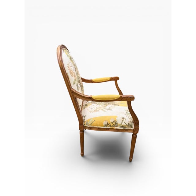 Canary Yellow 1990s Ethan Allen French Provincial Louis XV Style Armchair With Floral Upholstery For Sale - Image 8 of 16