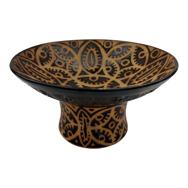 Vintage Studio Pottery Pedestal Bowl With Tribal Geometric Motif For Sale