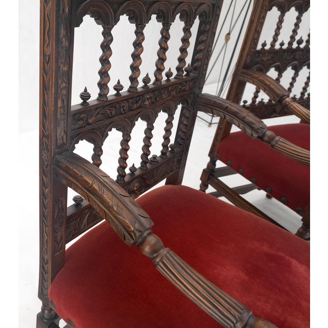 Fine Carved North Winds Faces Heavy Oak Arm Chairs Twisted Spindles c1900s MINT For Sale - Image 6 of 18