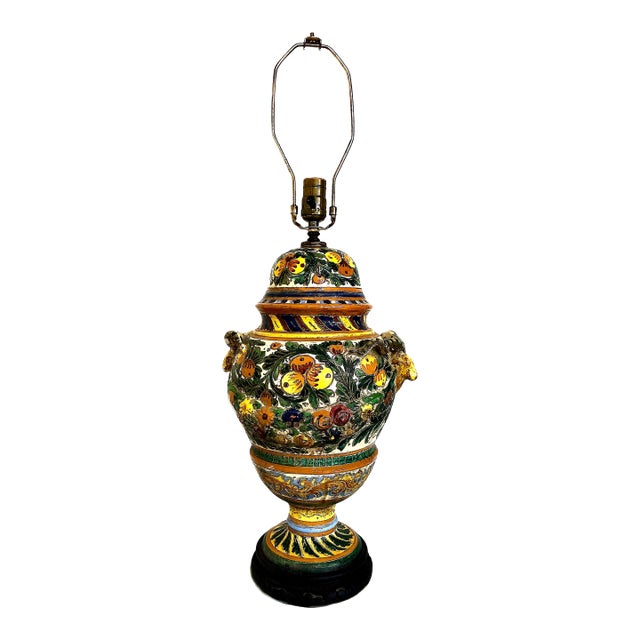 Vintage Italian Majolica Lamp With Rams' Heads Handles For Sale