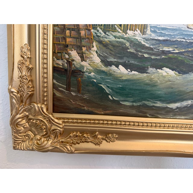 Paint Original Oil Painting Sailing Boat Harbor Storm Seascape Nautical Art Framed For Sale - Image 7 of 9
