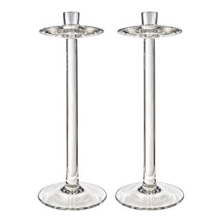 Pair of Orrefors Sweden Tall Glass Cylinder Candlesticks For Sale