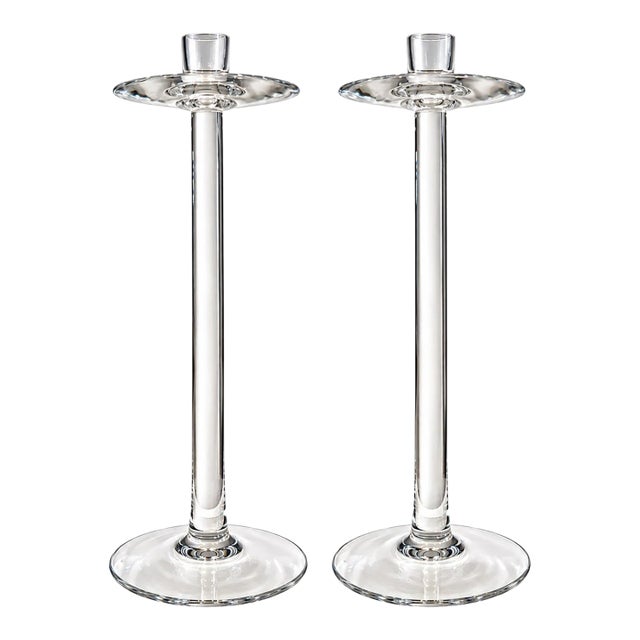 Pair of Orrefors Sweden Tall Glass Cylinder Candlesticks For Sale