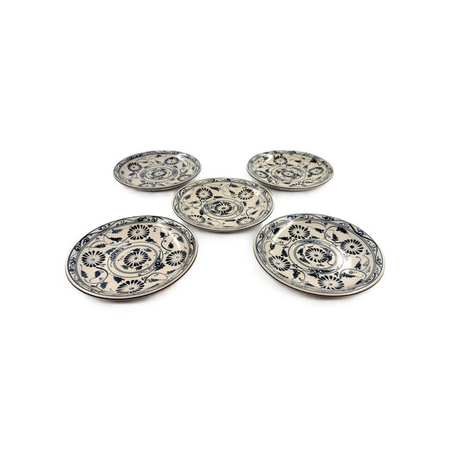 Modern Set of 5 Bat Trang Vietnamese Ceramic Dessert Plates With Hand Painted Blue Floral Motifs For Sale - Image 3 of 10