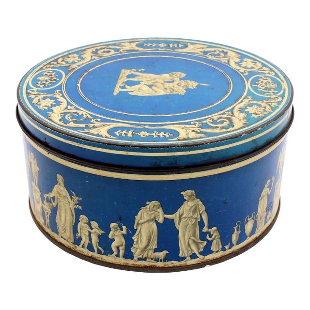 Circa 1900 "Wedgewood" Blue Jasperware Biscuit Box by Huntley & Palmers For Sale