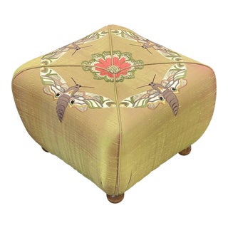 Silk Ottoman or Footstool With Embroidered Moths For Sale