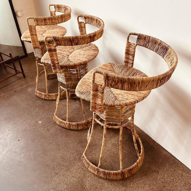 1960s Woven Rush French Bar Stools - Set of 3 For Sale - Image 5 of 12