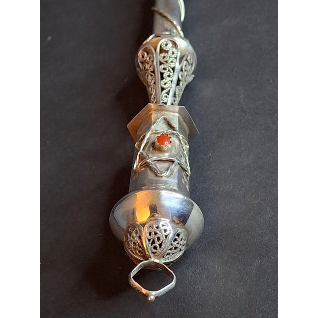 Metal Antique 1812 Silver Torah Pointer Yad - 84 Zolotnik - Filigree & Coral Stone For Sale - Image 7 of 18