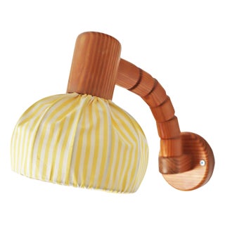 Swedish Wall Lamp in Pine Wood with Yellow and White Fabric Shade, 1980s For Sale