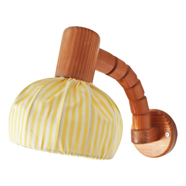 Swedish Wall Lamp in Pine Wood with Yellow and White Fabric Shade, 1980s For Sale