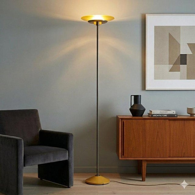 Reflected light floor lamp with adjustable intensity, in enamelled metal, satin glass diffuser in shades of yellow,...