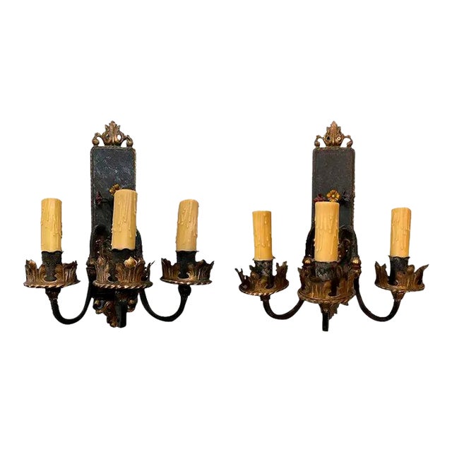 French Painted Iron and Gilt Tole Three-light Wall Sconces - a Pair For Sale