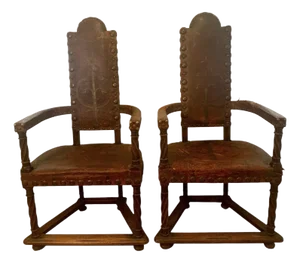 Pair of 19th Century Medieval Style Studded Leather Spanish Armchairs