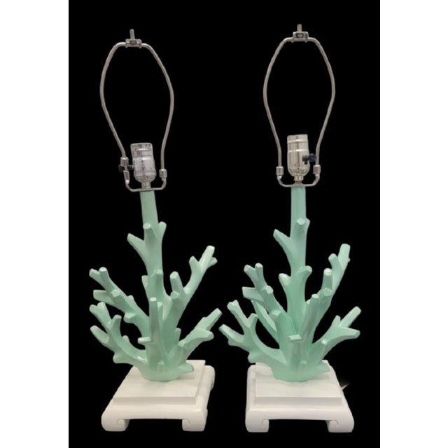 Chelsea House Inc Vintage Faux Mint Green Coral Coastal Table Lamps With Chinoiserie Bird Branch Shades- A Pair For Sale - Image 4 of 8