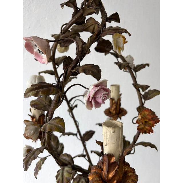 Italian Italian Petit Tole With Porcelain Flowers Polychrome Chandelier, C. 1870 For Sale - Image 3 of 13