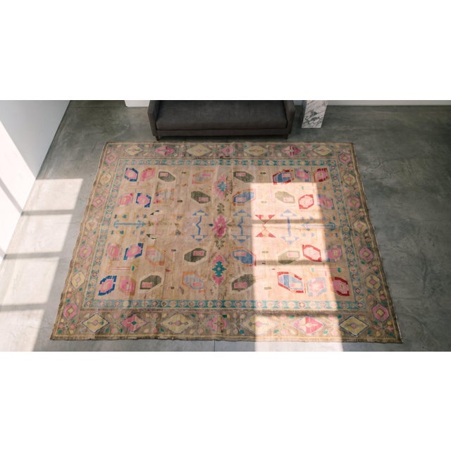 Textile 1930s Beige Geometric Tribal Antique Indian Cotton Agra Rug 6'2" X 8' Handknotted Wool Carpet For Sale - Image 7 of 9