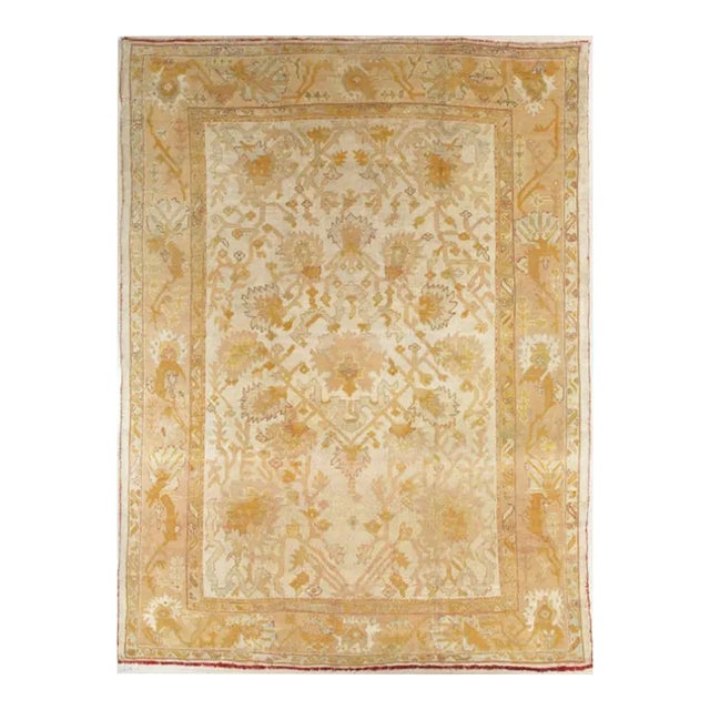 Antique Oushak Carpet Handmade Turkish Oriental Rug Beige, Taupe, Soft Pale Blue For Sale