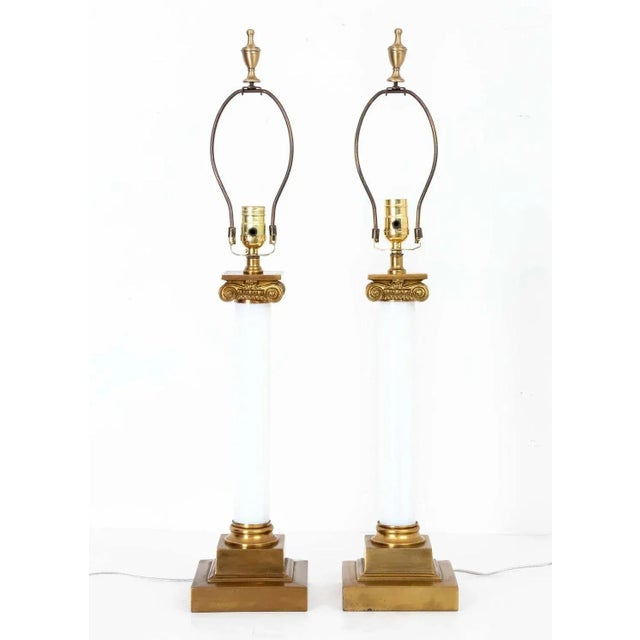 White Pair of Brass and White Opaline Glass Lamps For Sale - Image 8 of 8