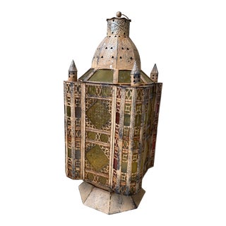 1990s Large Handcrafted Moroccan Moorish Multi Color Glass Lantern Pendant For Sale