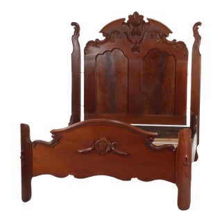 Antique Victorian Renaissance Revival Carved Walnut & Burl Bed Frame C1890 For Sale