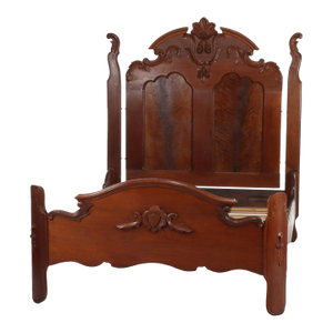 Antique Victorian Renaissance Revival Carved Walnut & Burl Bed Frame C1890
