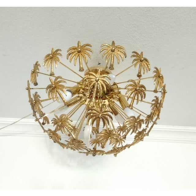 1990s Vintage Solid Brass Palm Leaf Statement Chandelier Flush Mount Lighting Ceiling Light For Sale - Image 5 of 12