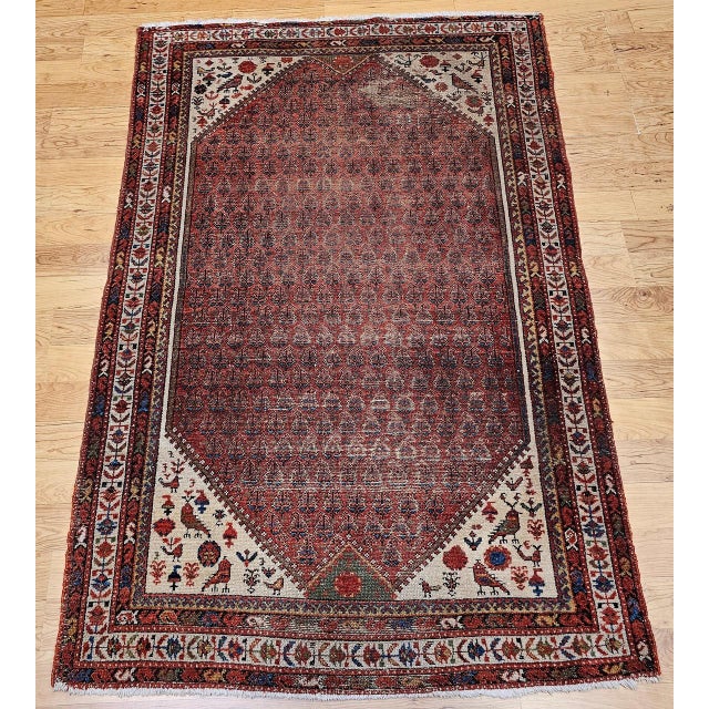 "This authentic vintage Persian Malayer area rug features an elegant allover paisley motif, a design long associated with...