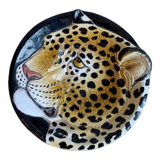 Vintage Italian Majolica Leopard Head Ceramic Bowl or Wall Plate For Sale