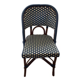 French Bistro Café Side Chair, Navy & Gold Rattan Weave For Sale