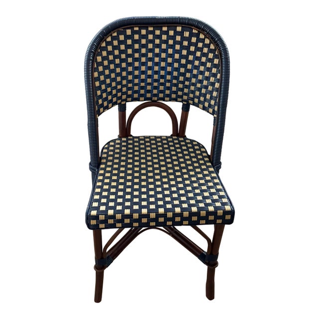 French Bistro Café Side Chair, Navy & Gold Rattan Weave For Sale