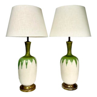Mid-Century Boho Chic Vintage Ceramic Green Drip Table Lamps - A Pair For Sale
