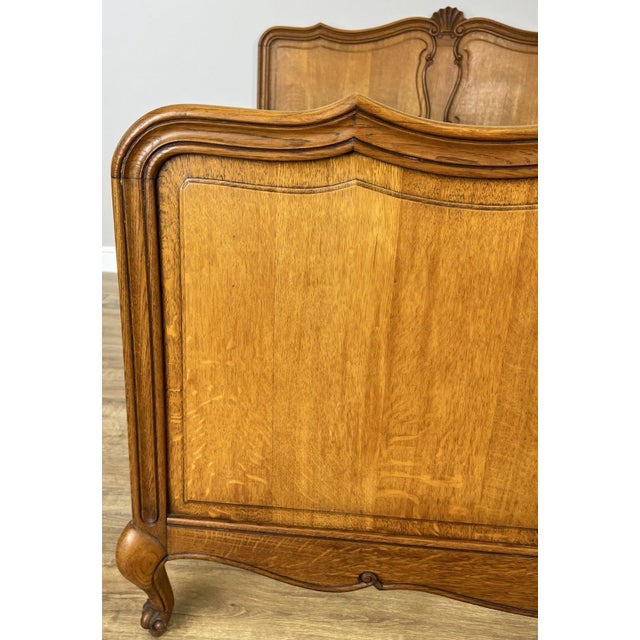 Vintage Louis XVI French Oak Double Bed Frame with Carved Headboard For Sale - Image 5 of 12