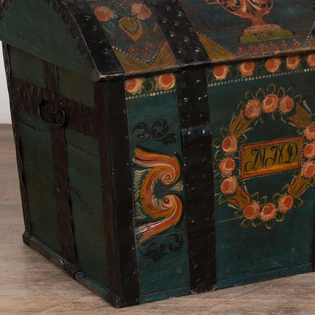 Original Hand Painted Teal Oak Dome Top Swedish Trunk Dated 1846 For Sale - Image 10 of 15