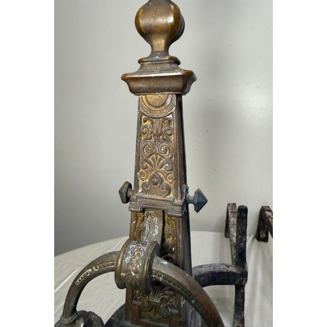 Large Pair of Antique Ornate Victorian Bronze Dolphin Cherub Fireplace Andirons For Sale In New York - Image 6 of 14