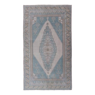 Large Vintage Turkish Oushak Rug With Central Medallion in Blue and Cream 6'8 X 12'7 For Sale