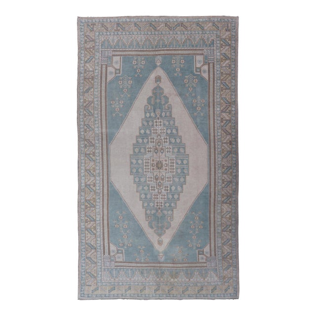 Large Vintage Turkish Oushak Rug With Central Medallion in Blue and Cream** For Sale