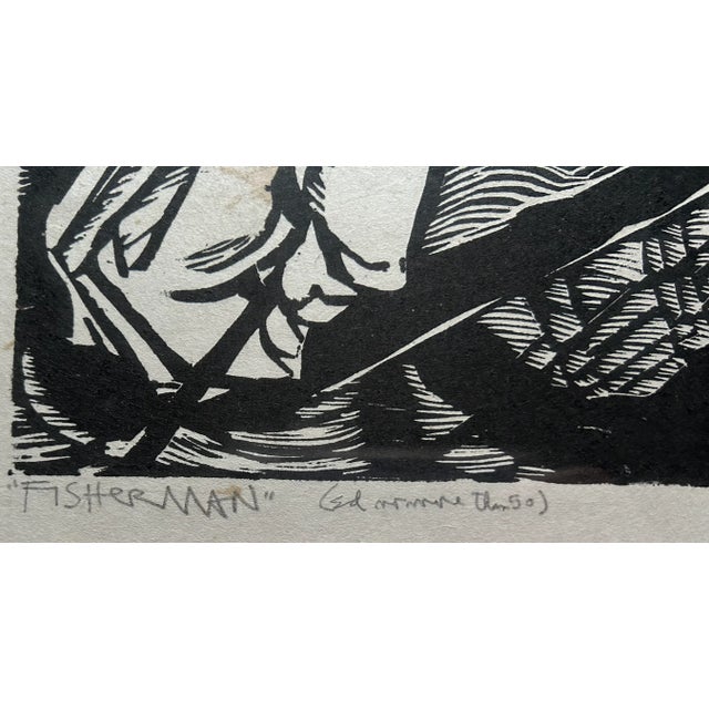 Printmaking Materials Vintage 1970’s Woodcut Print of Fisherman by R. F. McGovern For Sale - Image 7 of 9