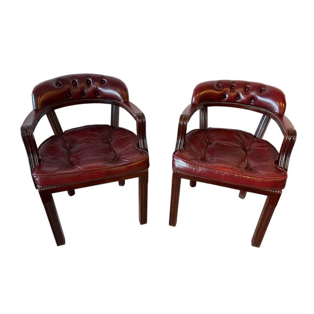 Vintage Burgundy Leather and Wood Office Chairs, Set of 2 For Sale - Image 3 of 7